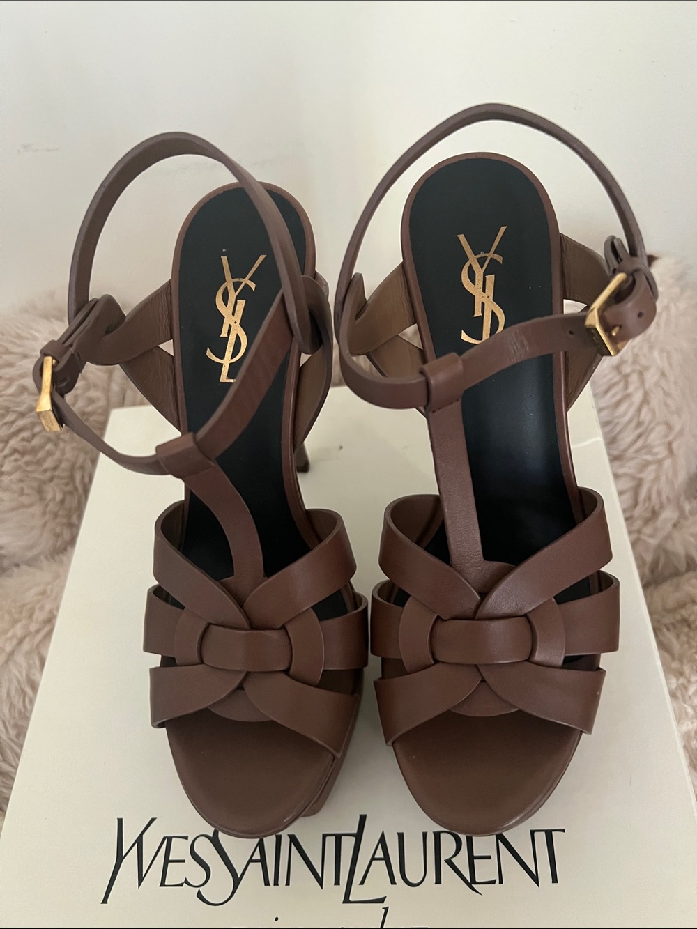 Yves Saint Laurent Brown Leather Knotted Platform Heels with Gold Logo
